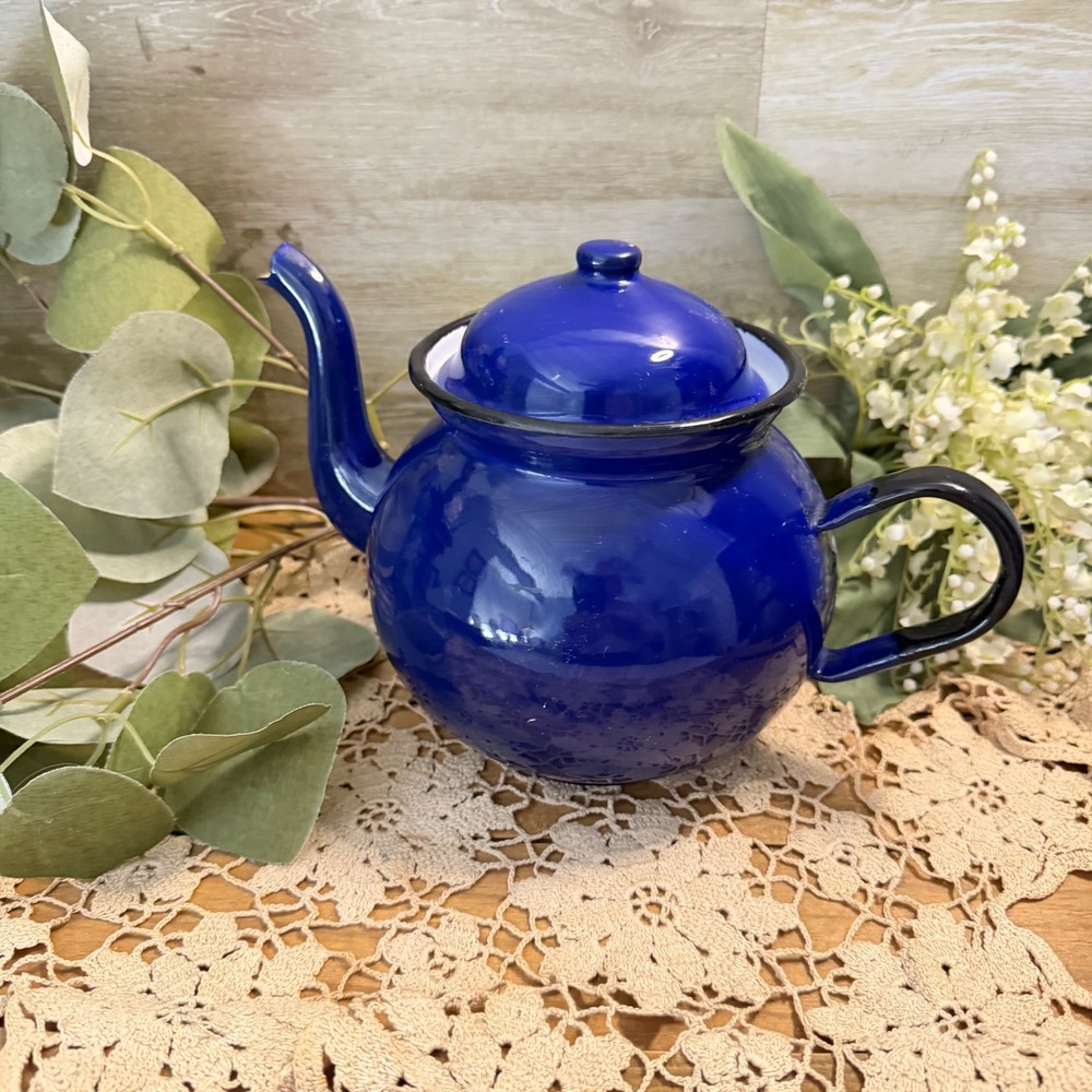 Vintage Cobalt Blue Enamel Teapot Kettle Farmhouse Rustic Kitchenware